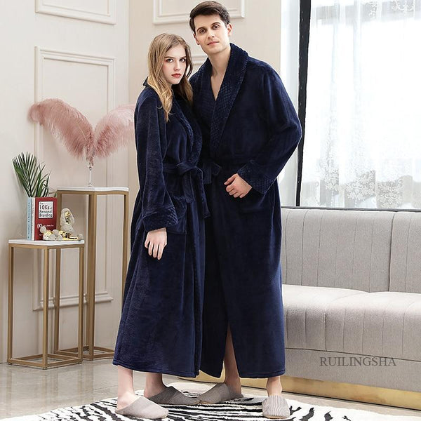 Long Warm Coral Fleece Plush Soft Winter Dressing Gown Men Women Sleepwear & Robes