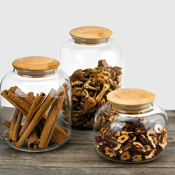 Round Bamboo Lid Glass Containers Kitchen Storage Organisation Canisters & Jars