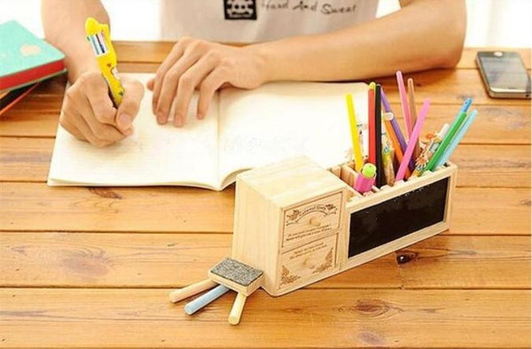 Wooden Pen Holder With Blackboard Cute Kawaii Desk Tidy Organizer
