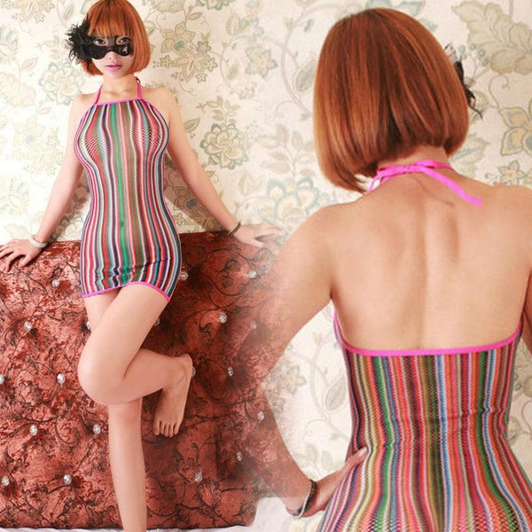 Rainbow Fishnet Bodysuit All In One Sheer Long Sleeve Mini Dress
