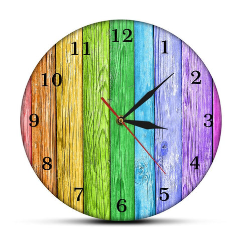 Colourful Rainbow Stripes Wood Background Retro Printed Wall Clock