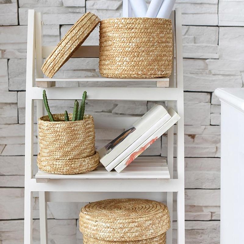 Set Of 3 Handmade Seagrass Woven Storage Baskets With Lid Storage Bins & Baskets