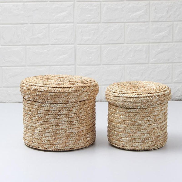 Set Of 3 Handmade Seagrass Woven Storage Baskets With Lid Storage Bins & Baskets