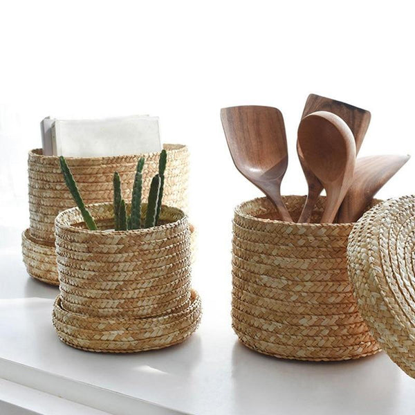 Set Of 3 Handmade Seagrass Woven Storage Baskets With Lid Storage Bins & Baskets