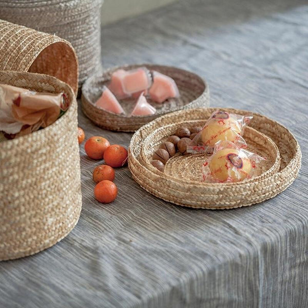 Set Of 3 Handmade Seagrass Woven Storage Baskets With Lid Storage Bins & Baskets