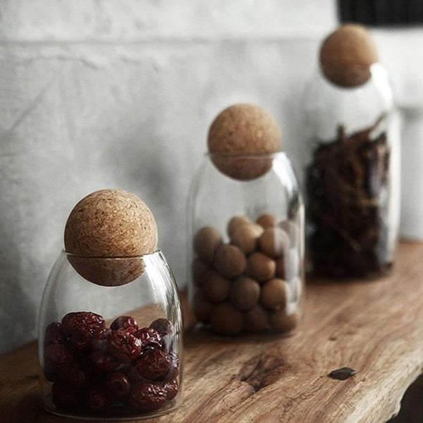 Glass Storage Containers With Round Cork Lid Natural Rustic Home Decor