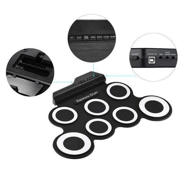 Electronic Digital Drum Kit Usb 7 Pads Roll Up Silicone Set Electronic Drum Kits