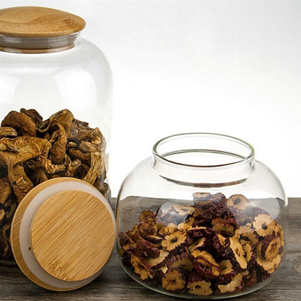 Round Bamboo Lid Glass Containers Kitchen Storage Organisation Canisters & Jars