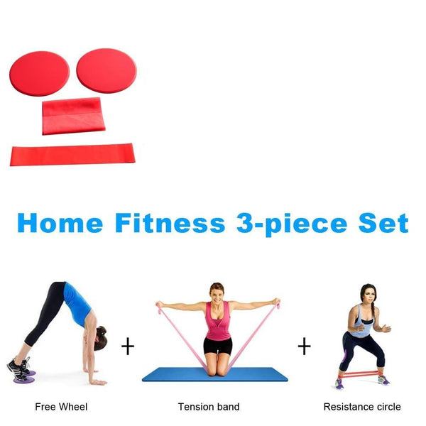 3 / Pcs Red Fitness Workout Kit With Sliding Discs Resistance Band Latex Yoga Stretching Strap