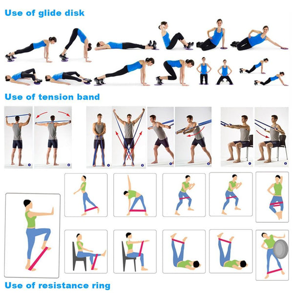 3Pcs Blue Fitness Workout Kit With Sliding Discs Resistance Band Latex Yoga Stretching Strap Other Fitness Running & Yoga