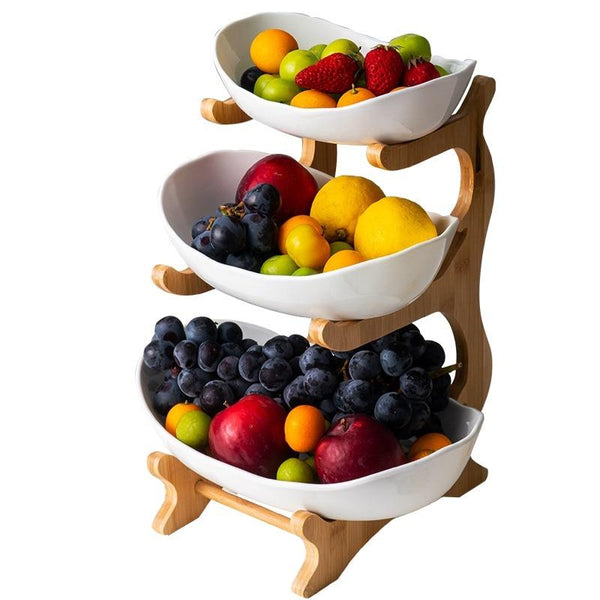 Bamboo And Ceramic Two Or Three Layer Fruit Plate Snack Platter Candy Dish