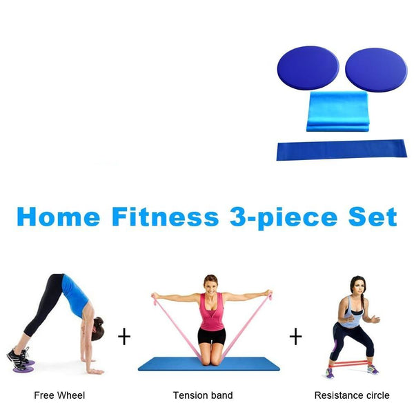 3Pcs Blue Fitness Workout Kit With Sliding Discs Resistance Band Latex Yoga Stretching Strap
