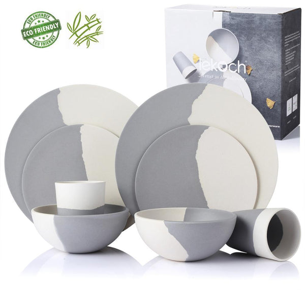 Grey White Bamboo Fibre 4Pcs Or 8Pcs Tableware Set Dinnerware Dinner Sets
