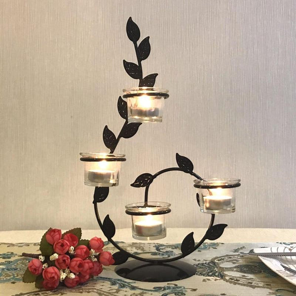 Romantic Black Iron Candle Holder With Leaves Decor Candle Holders & Accessories