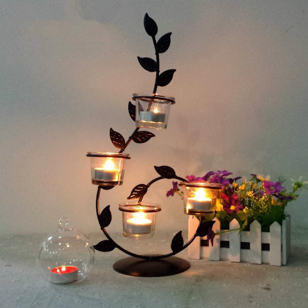 Romantic Black Iron Candle Holder With Leaves Decor Candle Holders & Accessories