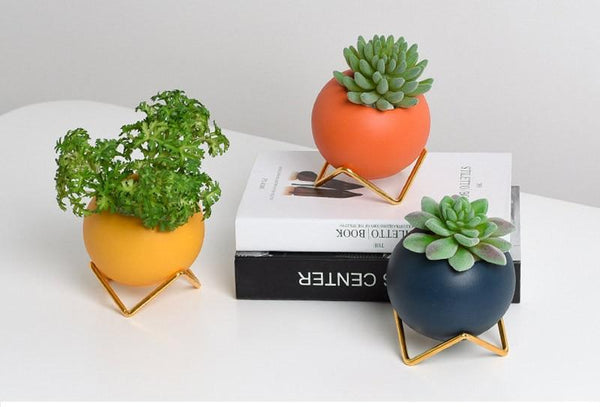 Little Nordic Ceramic Succulent Flowerpot With Metal Stand