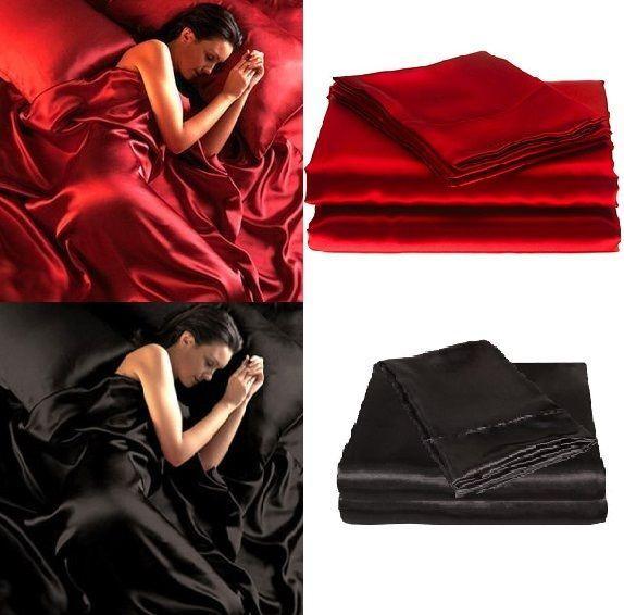 Red Or Black 95Gsm 4 Piece Satin Sheet Set For Queen King Beds Sheets