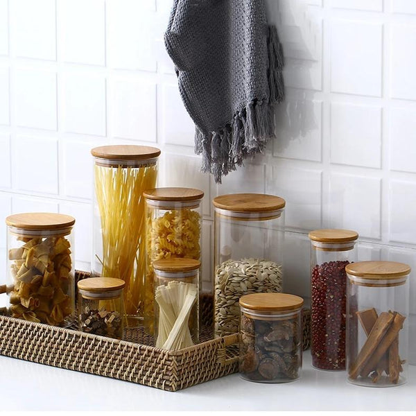 Eco Friendly Bamboo Container Mason Candy Jar Spices Glass Transparent Canisters & Jars
