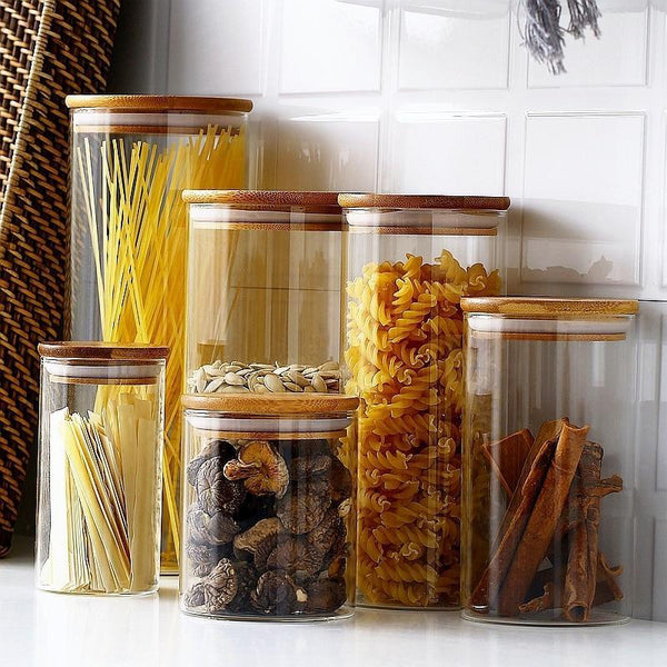 Eco Friendly Bamboo Container Mason Candy Jar Spices Glass Transparent Canisters & Jars