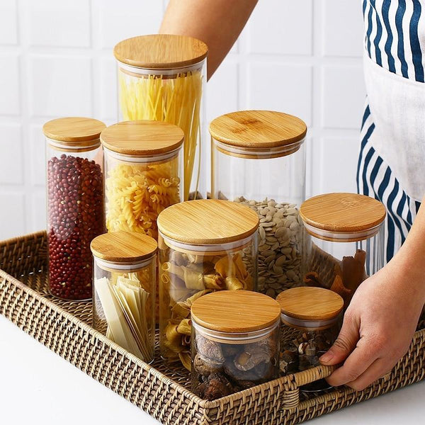 Eco Friendly Bamboo Container Mason Candy Jar Spices Glass Transparent Canisters & Jars