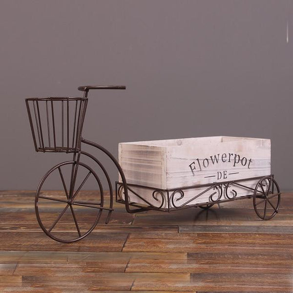 Vintage Tricycle Flower Stand | Wooden Plant Box In Metal With Basket