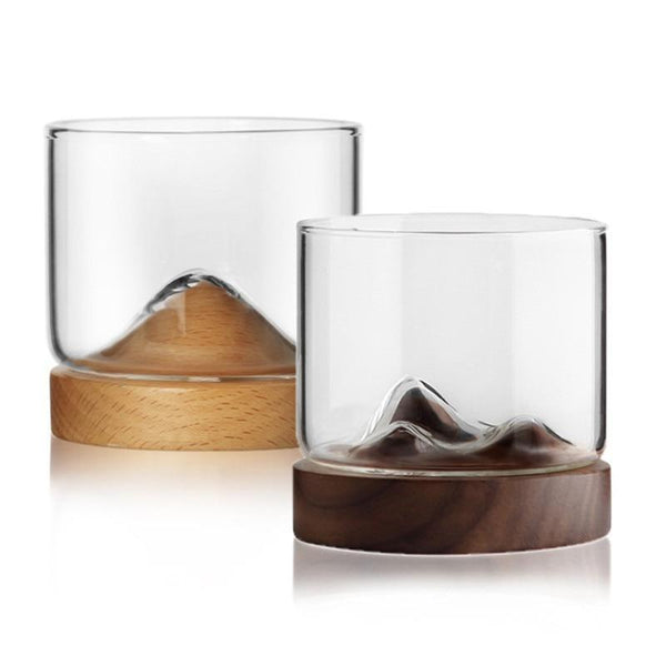 Mountain Whiskey Glass With Wooden Base Novelty Barware Drinkware