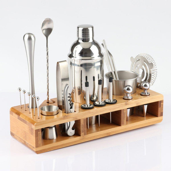 23Pcs Stainless Steel Cocktail Shaker Set Barware Kit With Wooden Rack