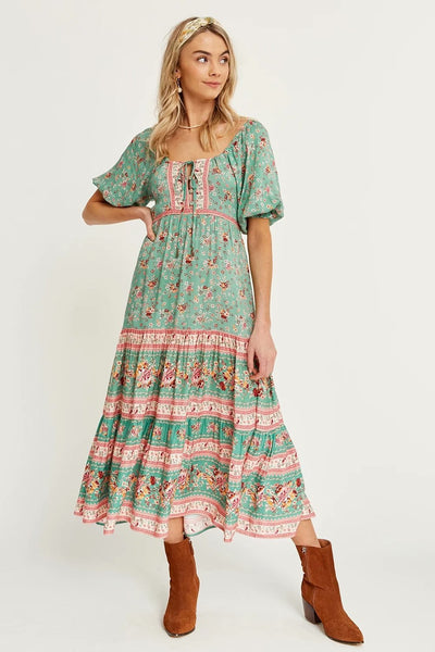 Women' Boho Green Floral Sundress Garden Party Dress Dresses