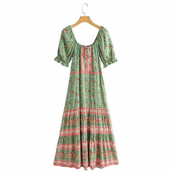 Women' Boho Green Floral Sundress Garden Party Dress Dresses