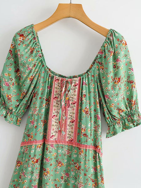 Women' Boho Green Floral Sundress Garden Party Dress Dresses