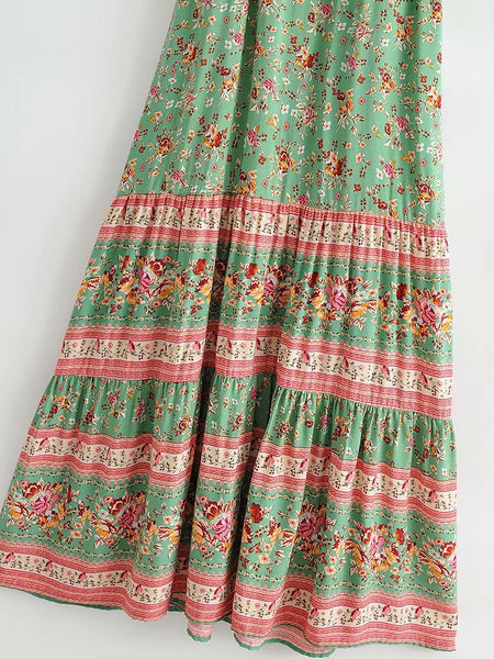 Women' Boho Green Floral Sundress Garden Party Dress Dresses