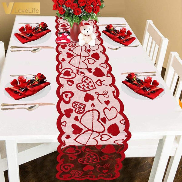 Red Love Heart Print Table Runner Romantic Lace Cloth 33X183cm / 13X72inch