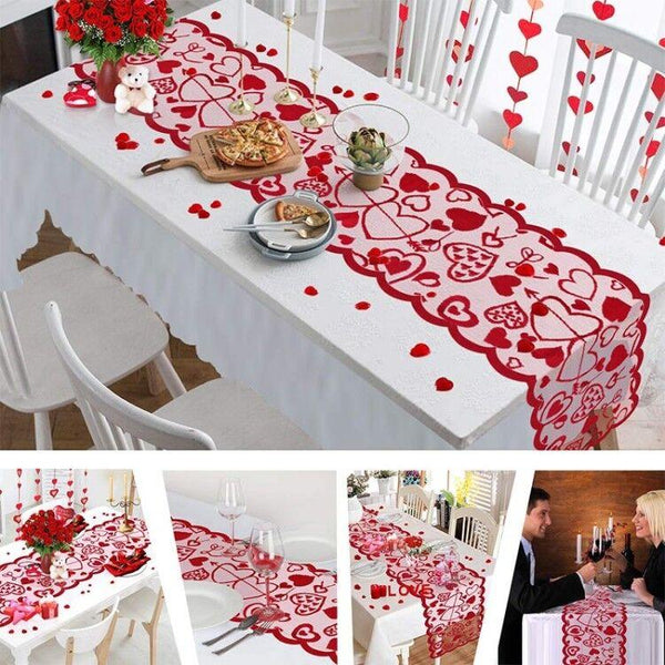 Red Love Heart Print Table Runner Romantic Lace Cloth 33X183cm / 13X72inch Table Runners
