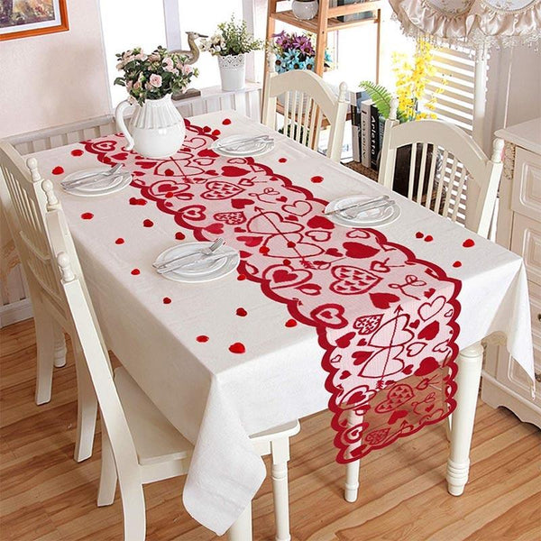 Red Love Heart Print Table Runner Romantic Lace Cloth 33X183cm / 13X72inch Table Runners