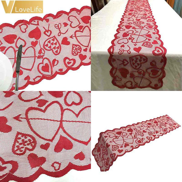 Red Love Heart Print Table Runner Romantic Lace Cloth 33X183cm / 13X72inch Table Runners