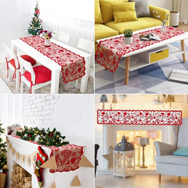 Red Love Heart Print Table Runner Romantic Lace Cloth 33X183cm / 13X72inch Table Runners