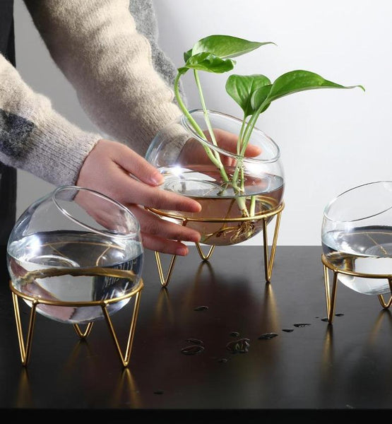 Nordic Glass Hydroponic Small Vase In Metal Stand Terrarium Candle Holder Decor Vases