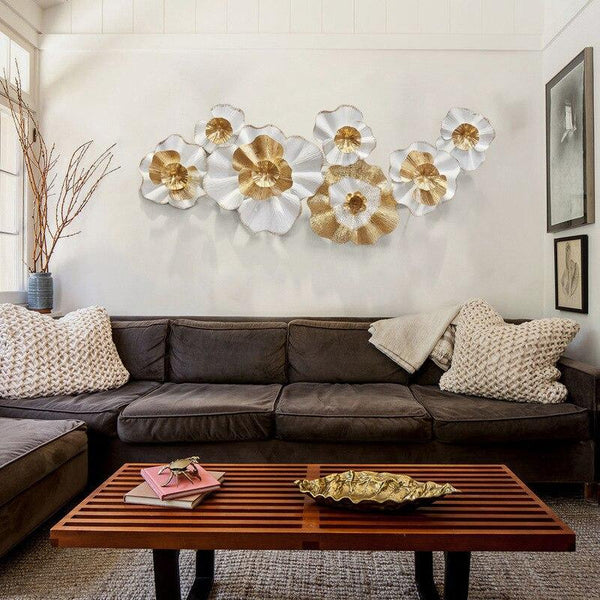 Large Modern 3D Art Wall Hanging Gold White Flowers Home Decor