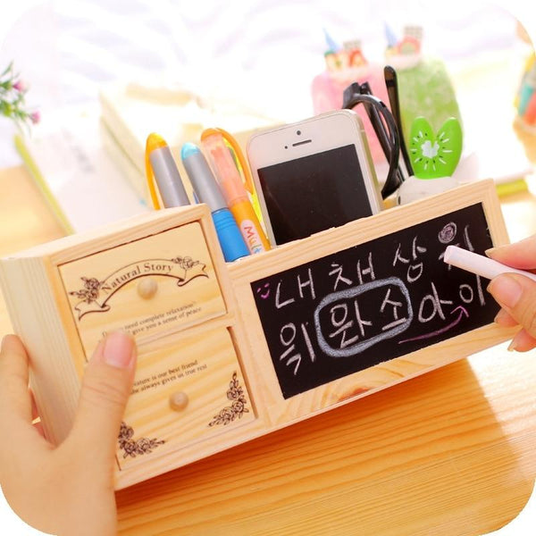 Wooden Pen Holder With Blackboard Cute Kawaii Desk Tidy Organizer