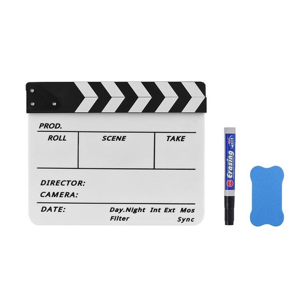 Professional Acrylic Clapboard Dry Erase Tv Film Movie Director Cut Action Scene Clapper Board Slate With Marker Pen Eraser White Black Movie Camera A