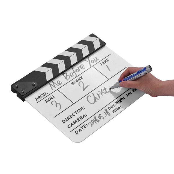 Professional Acrylic Clapboard Dry Erase Tv Film Movie Director Cut Action Scene Clapper Board Slate With Marker Pen Eraser White Black Movie Camera A