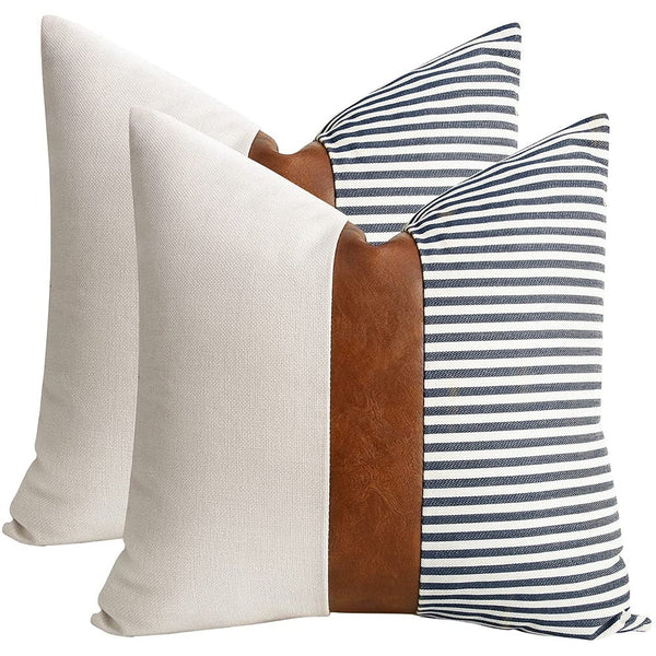 Pu Leather Throw Pillow Covers Farmhouse Decor Stripe Patchwork Modern Cushion Covers