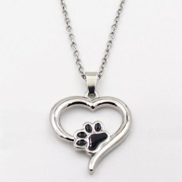 Puppy Kitty Paw Heart Pendant Necklace Silver