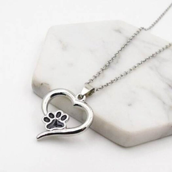 Puppy Kitty Paw Heart Pendant Necklace Silver