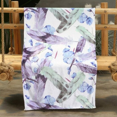 Purple Feather Pattern Double Sided Flannel Home Nap Warm Blanket Multi W27.6 X L39.4 Inch
