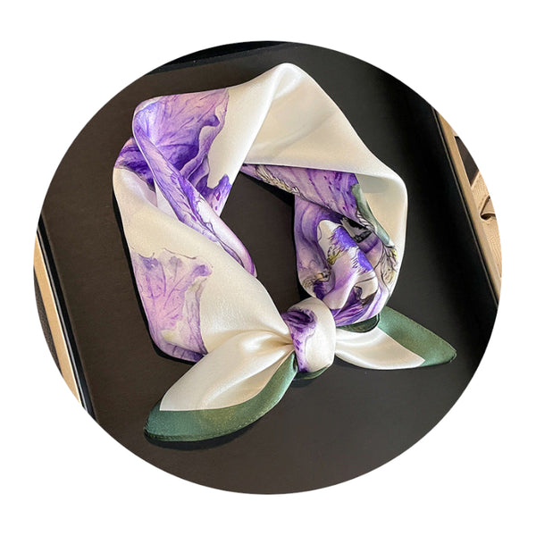 Purple Pure Silk Scarf Elegant Flower Design, Square Handkerchief (Style 9) Scarves & Wraps