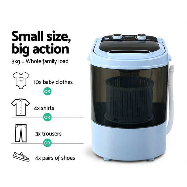 Devanti 3 Kilogram Mini Portable Washing Machine Shoes Top Load Spin Camp Washing Machines