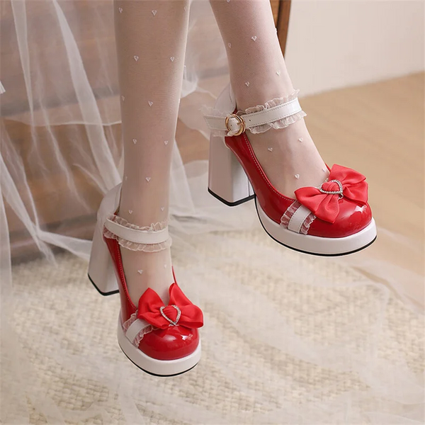 Candy Colour Girls Mary Janes Lolita Shoes Cosplay High Ruffles Bowknot Heels