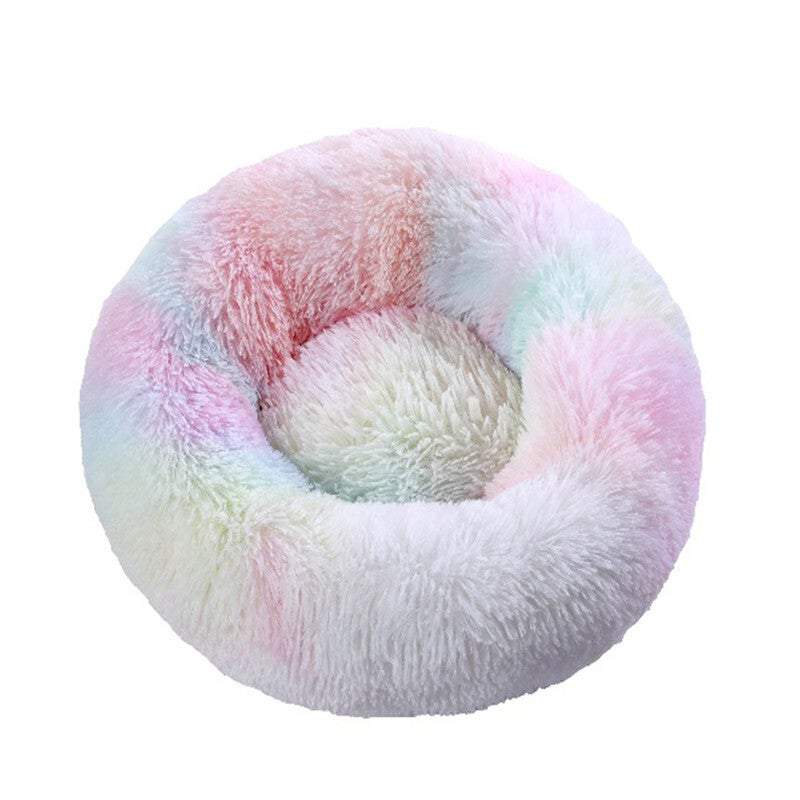 Pet Beds Warm Soft Nest Rainbow Donut Calming Comfy Dog