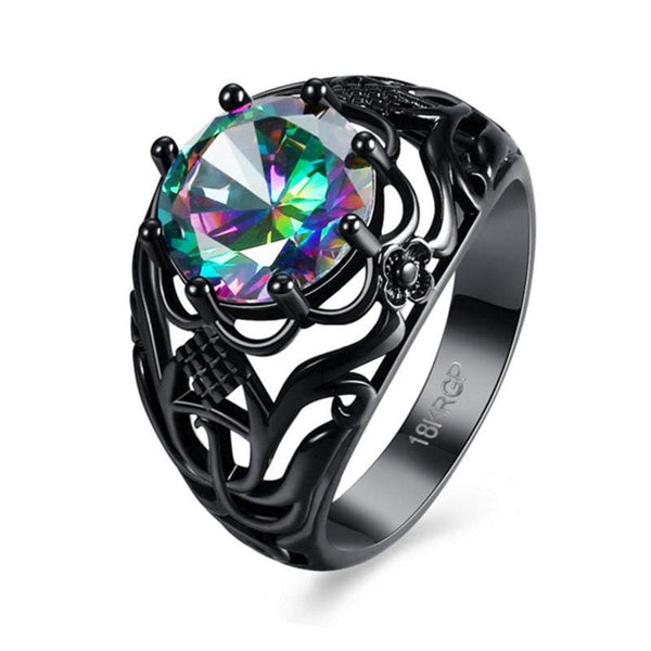 Veile Studios Rainbow Multi Color Topaz Stamp Black Gun Plated Rings